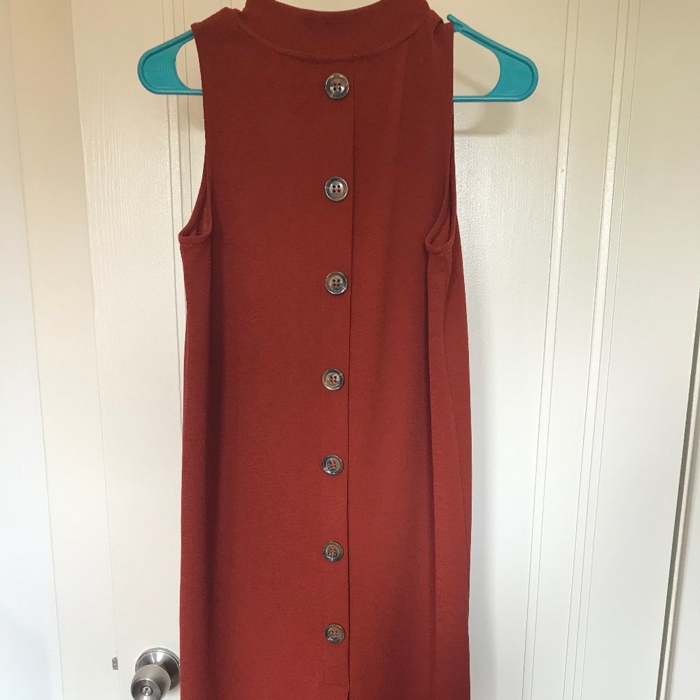 Tranquil Rust Orange Mock Neck Button-Back Midi D… - image 5